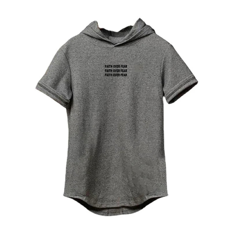 BC Faith Over Fear Print Cotton Hoodie Gym Fitness Bodybuilding Training Muscle Shirt Men's Sport Short Sleeve Breathable T-shirt