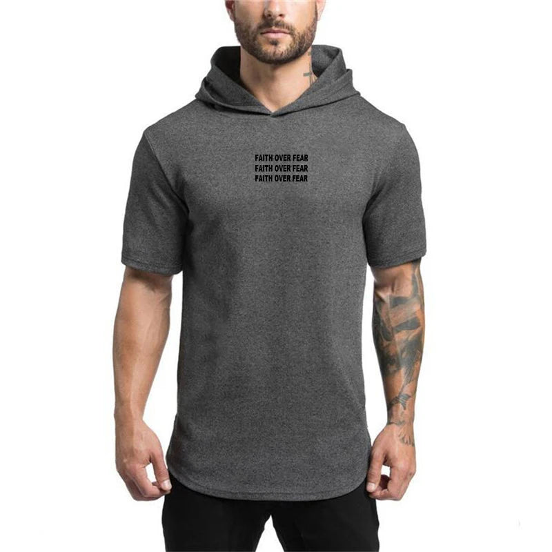 BC Faith Over Fear Print Cotton Hoodie Gym Fitness Bodybuilding Training Muscle Shirt Men's Sport Short Sleeve Breathable T-shirt