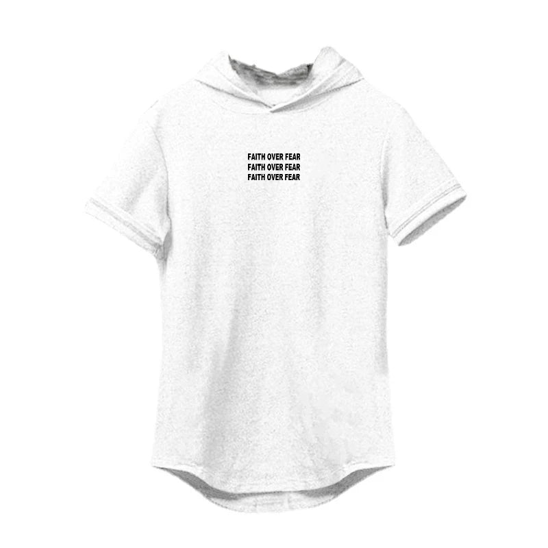BC Faith Over Fear Print Cotton Hoodie Gym Fitness Bodybuilding Training Muscle Shirt Men's Sport Short Sleeve Breathable T-shirt