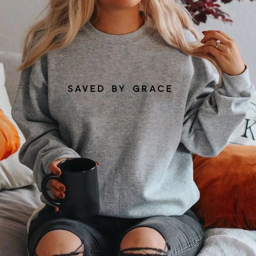 BC Saved By Grace Sweatshirt Christian Crewneck Sweatshirts Faith Hoodie Christian Apparel Unisex Pullovers Streetwear Women Hoodie