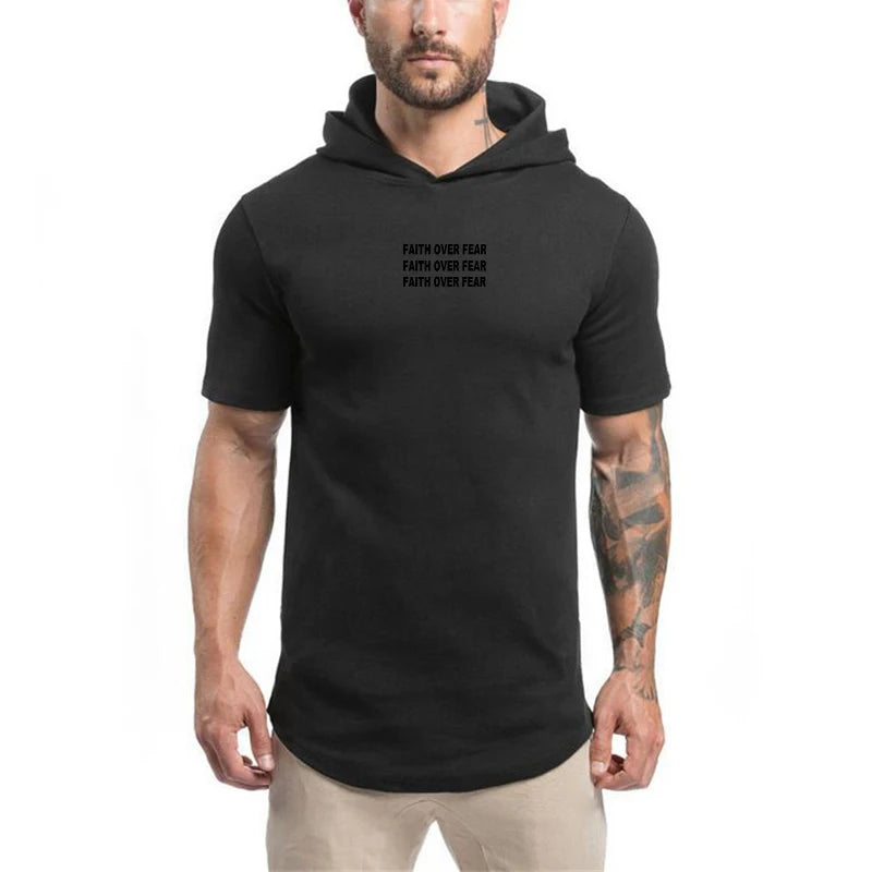 BC Faith Over Fear Print Cotton Hoodie Gym Fitness Bodybuilding Training Muscle Shirt Men's Sport Short Sleeve Breathable T-shirt