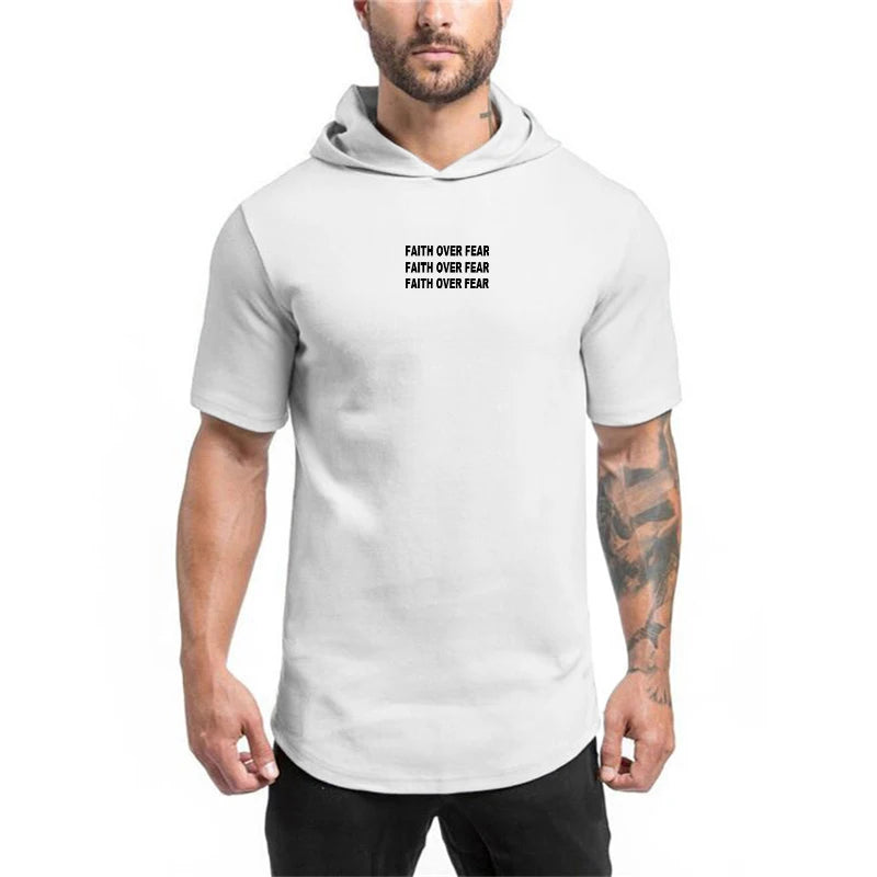 BC Faith Over Fear Print Cotton Hoodie Gym Fitness Bodybuilding Training Muscle Shirt Men's Sport Short Sleeve Breathable T-shirt